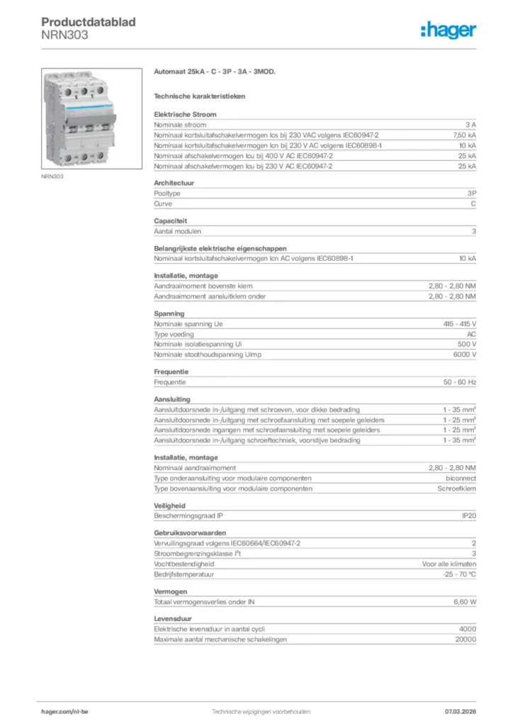 Afbeelding Hager Productdatablad NRN303 | Hager Belgium