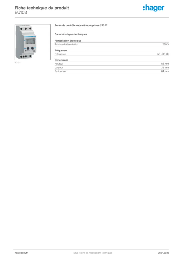 Image Hager Fiche technique du produit EU103 | Hager France