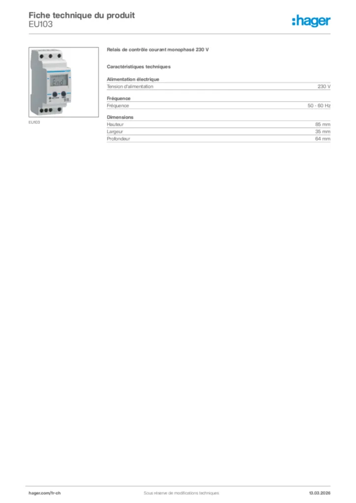 Image Hager Fiche technique du produit EU103 | Hager Suisse