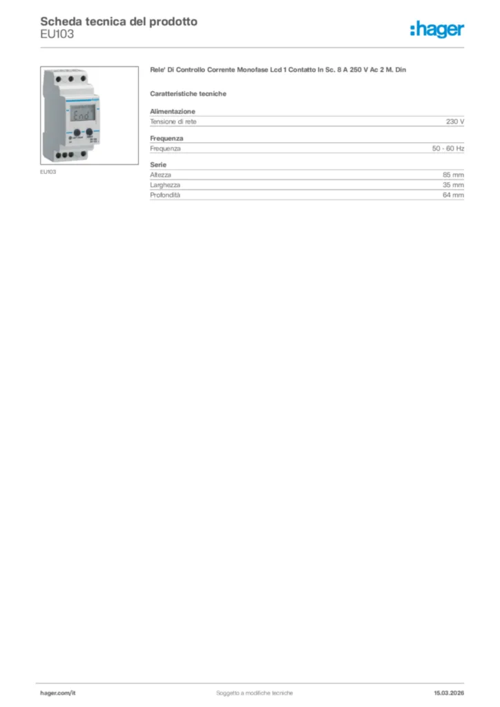 Immagine Hager Scheda tecnica del prodotto EU103 | Hager Italia