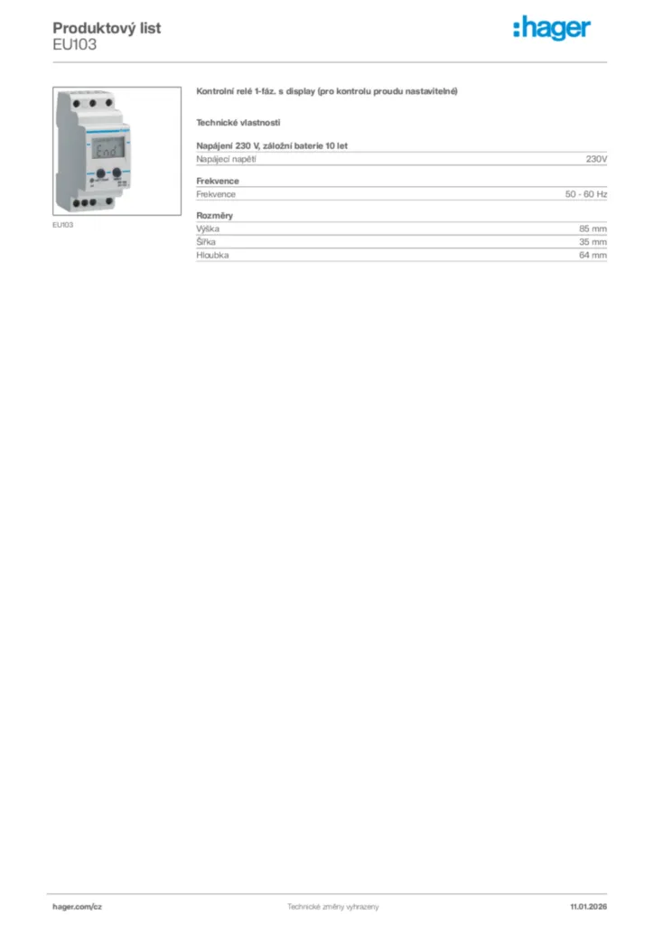 Obrázek Hager Product data sheet EU103 | Hager