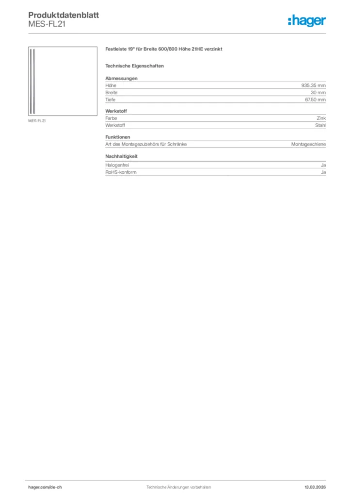 Bild Hager Produktdatenblatt MES-FL21 | Hager Schweiz