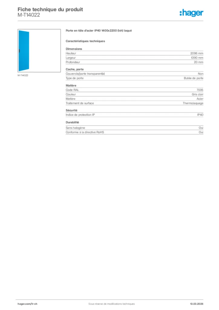Image Hager Fiche technique du produit M-T14022 | Hager Suisse