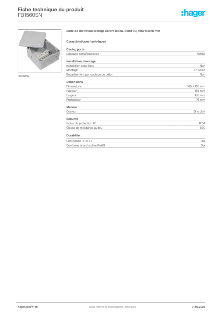 Image Hager Fiche technique du produit FB1560SN | Hager Suisse