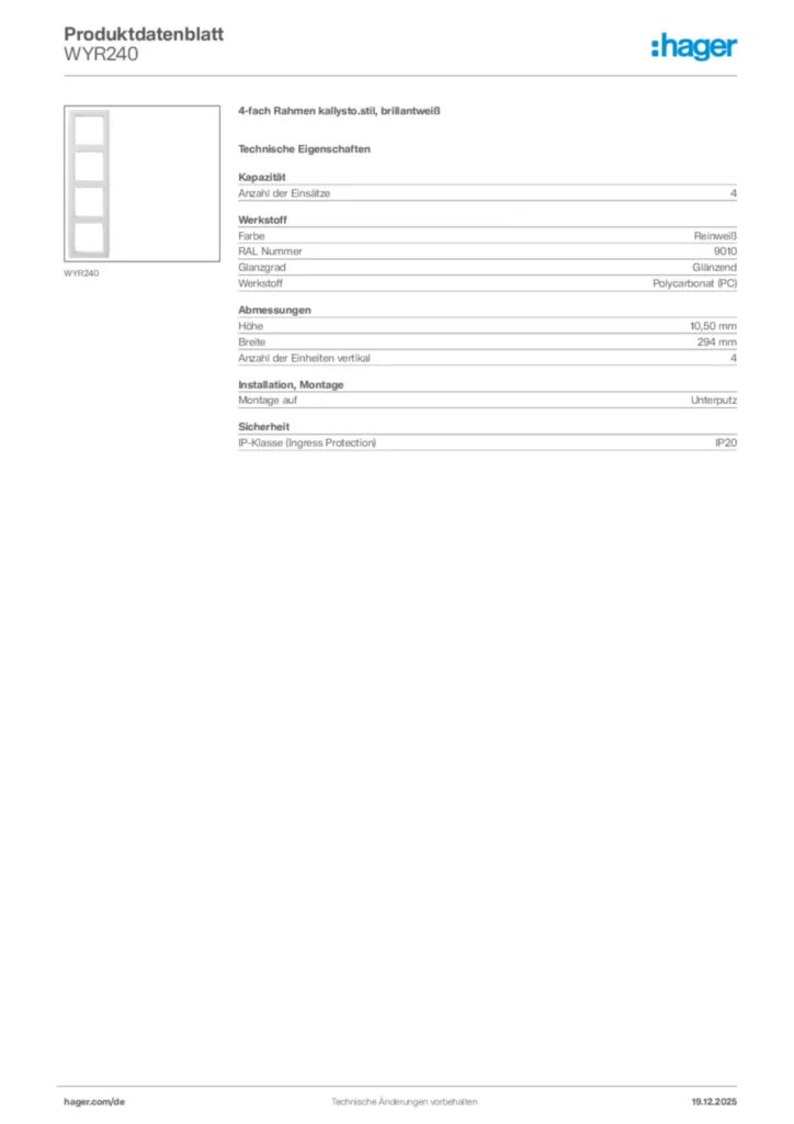 Bild Hager Produktdatenblatt WYR240 | Hager Deutschland