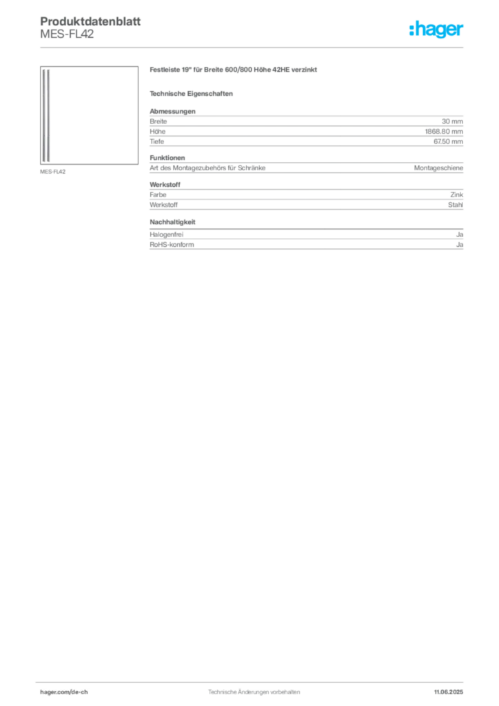 Bild Hager Produktdatenblatt MES-FL42 | Hager Schweiz