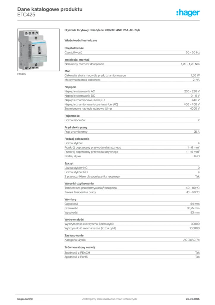 Zdjęcie Hager Karta katalogowa ETC425 | Hager Polska