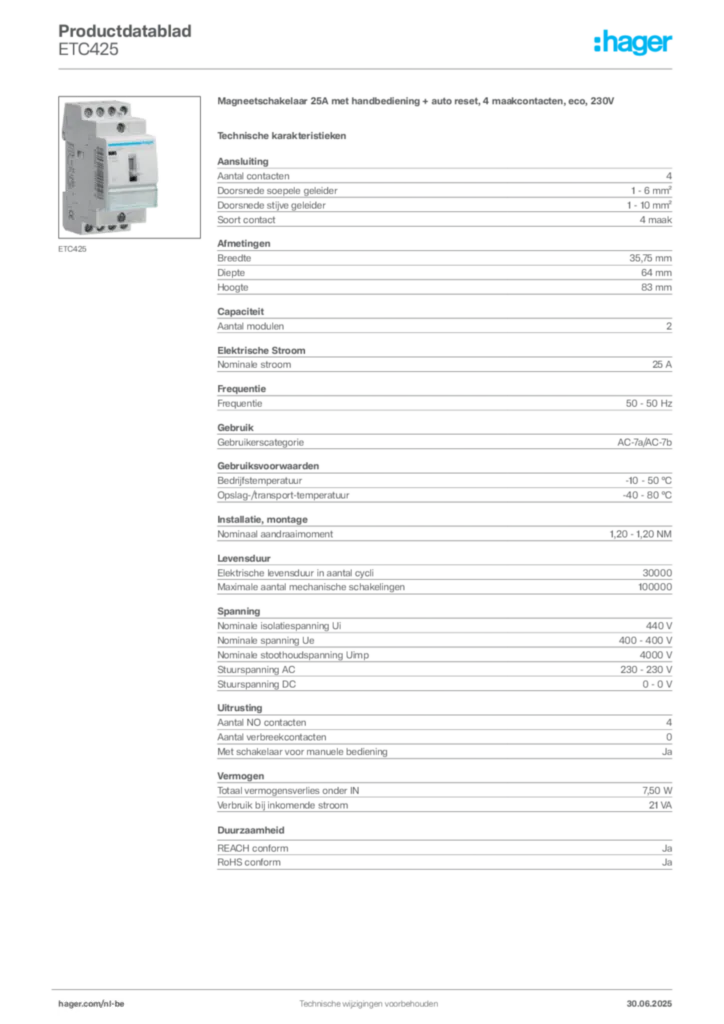 Afbeelding Hager Productdatablad ETC425 | Hager Belgium