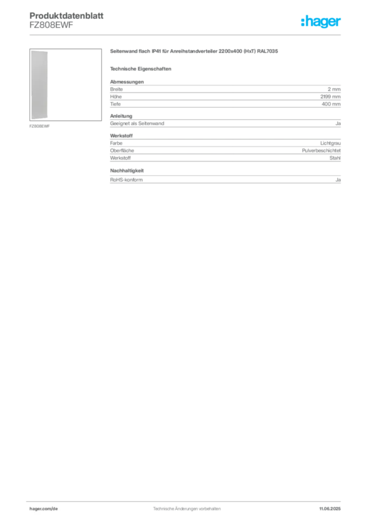 Bild Hager Produktdatenblatt FZ808EWF | Hager Deutschland