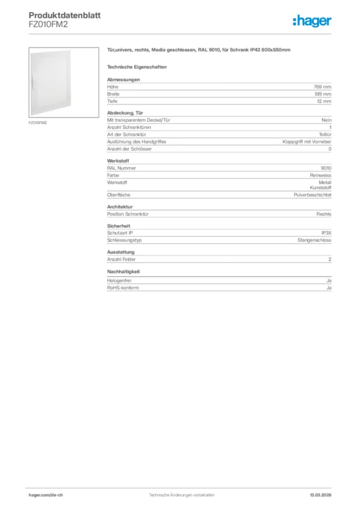 Bild Hager Produktdatenblatt FZ010FM2 | Hager Schweiz