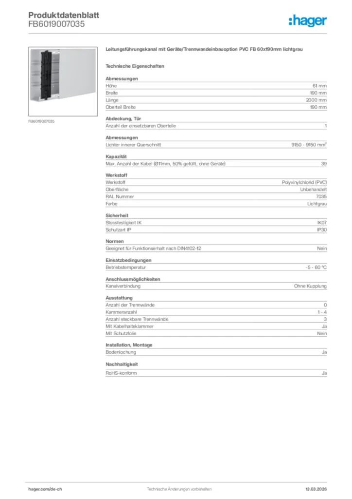 Bild Hager Produktdatenblatt FB6019007035 | Hager Schweiz
