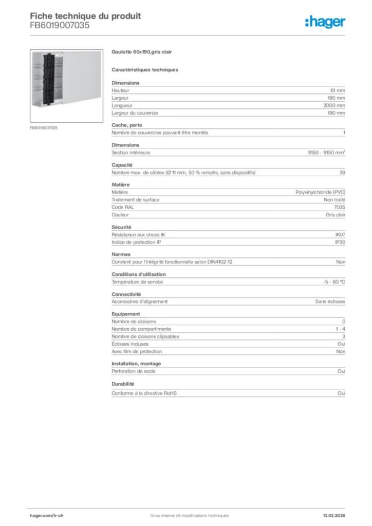 Image Hager Fiche technique du produit FB6019007035 | Hager Suisse