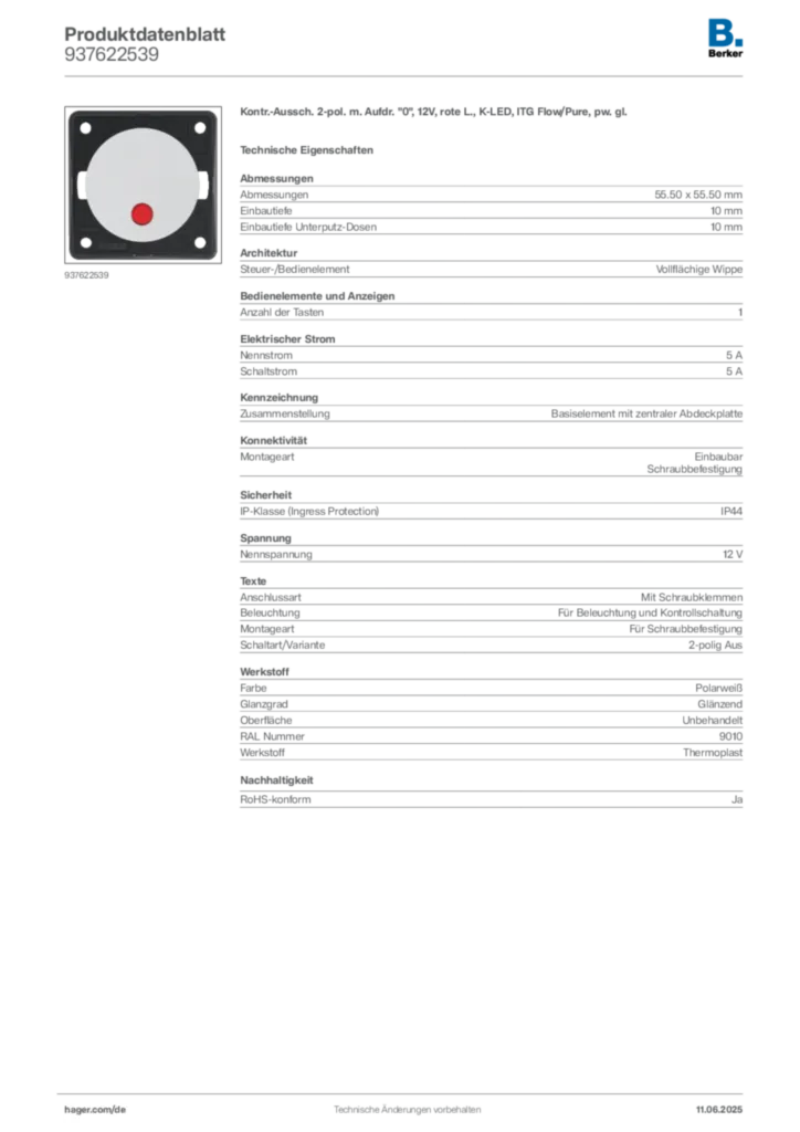 Bild Berker Produktdatenblatt 937622539 | Hager Deutschland