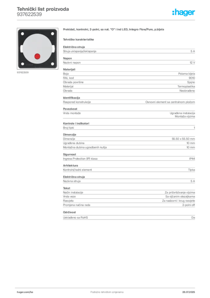 Slika Hager Product data sheet 937622539  | Hager