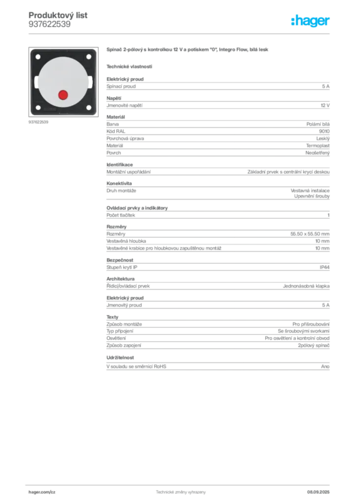 Obrázek Hager Produktový list 937622539 | Hager