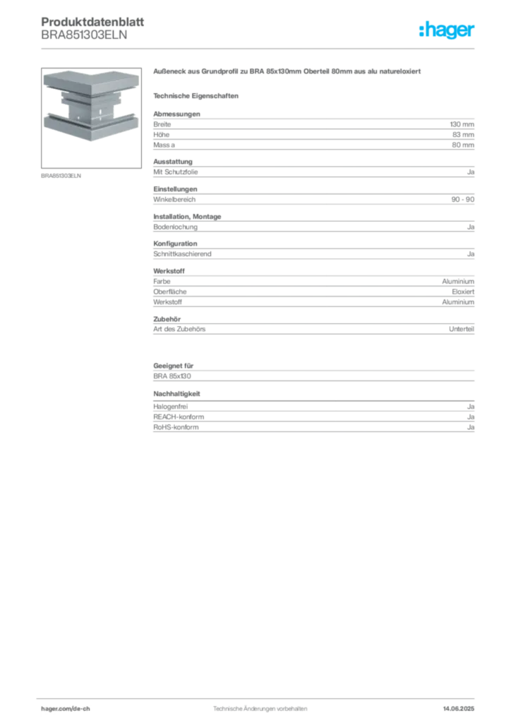Bild Hager Produktdatenblatt BRA851303ELN | Hager Schweiz