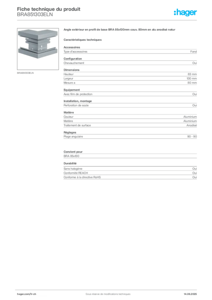 Image Hager Fiche technique du produit BRA851303ELN | Hager Suisse