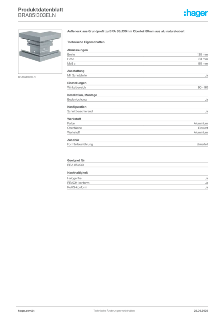 Bild Hager Produktdatenblatt BRA851303ELN | Hager Deutschland