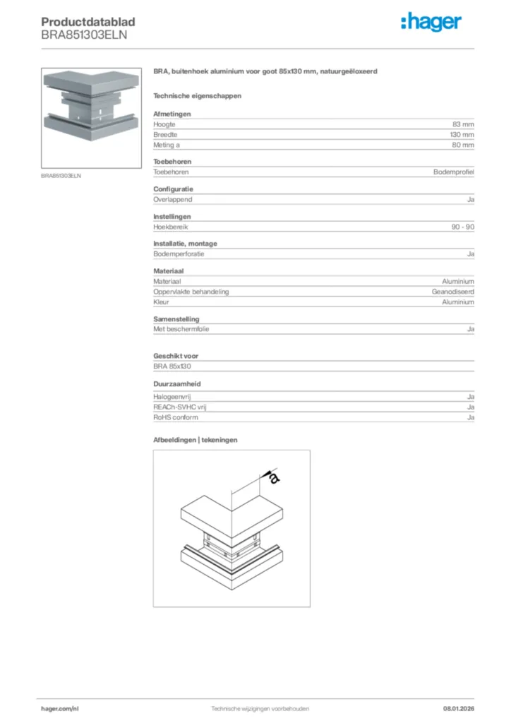 Afbeelding Hager Productdatablad BRA851303ELN | Hager Nederland