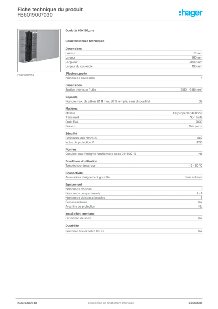 Image Hager Fiche technique du produit FB6019007030 | Hager Belgique