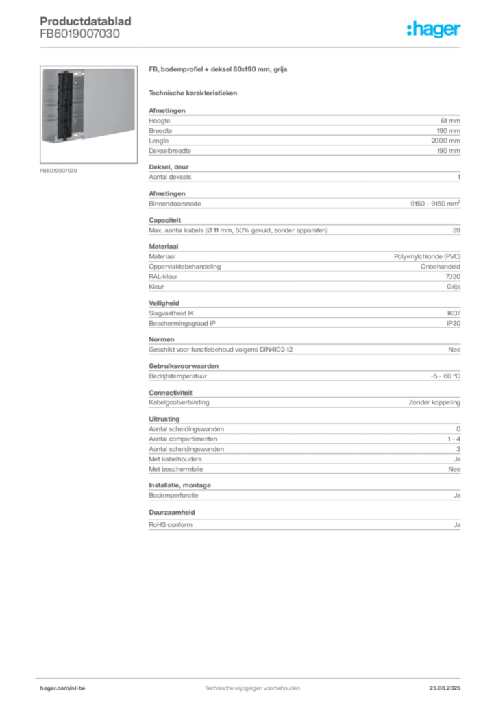 Afbeelding Hager Productdatablad FB6019007030 | Hager Belgium