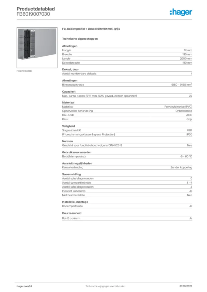 Afbeelding Hager Productdatablad FB6019007030 | Hager Nederland