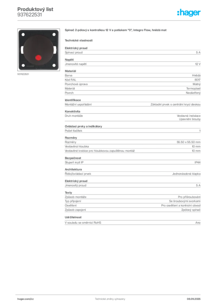 Obrázek Hager Produktový list 937622531 | Hager