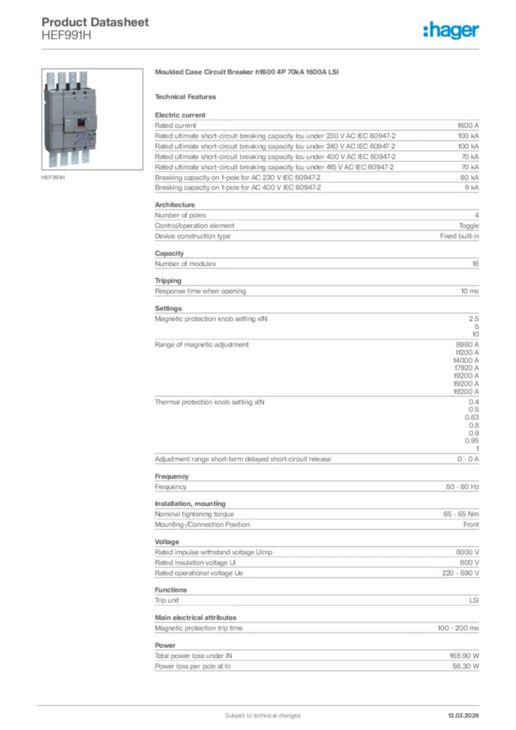 Image Hager Product data sheet HEF991H  | Hager Africa