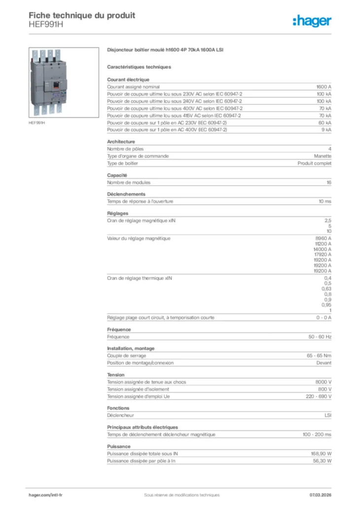 Image Hager Fiche technique du produit HEF991H | Hager Afrique