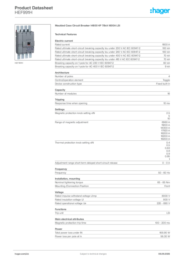 Image Hager Product data sheet HEF991H  | Hager