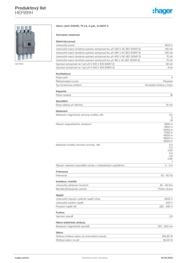 Obrázek Hager Product data sheet HEF991H | Hager