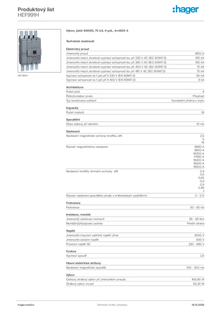 Obrázek Hager Produktový list HEF991H | Hager