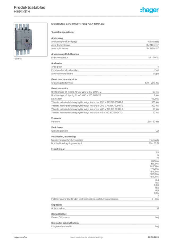 Bild Hager Produktdatablad HEF991H | Hager Sverige