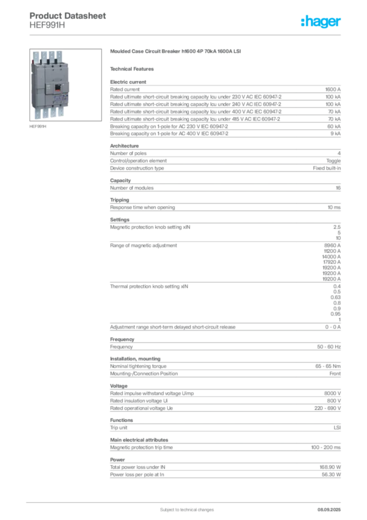 Image Hager Product data sheet HEF991H  | Hager