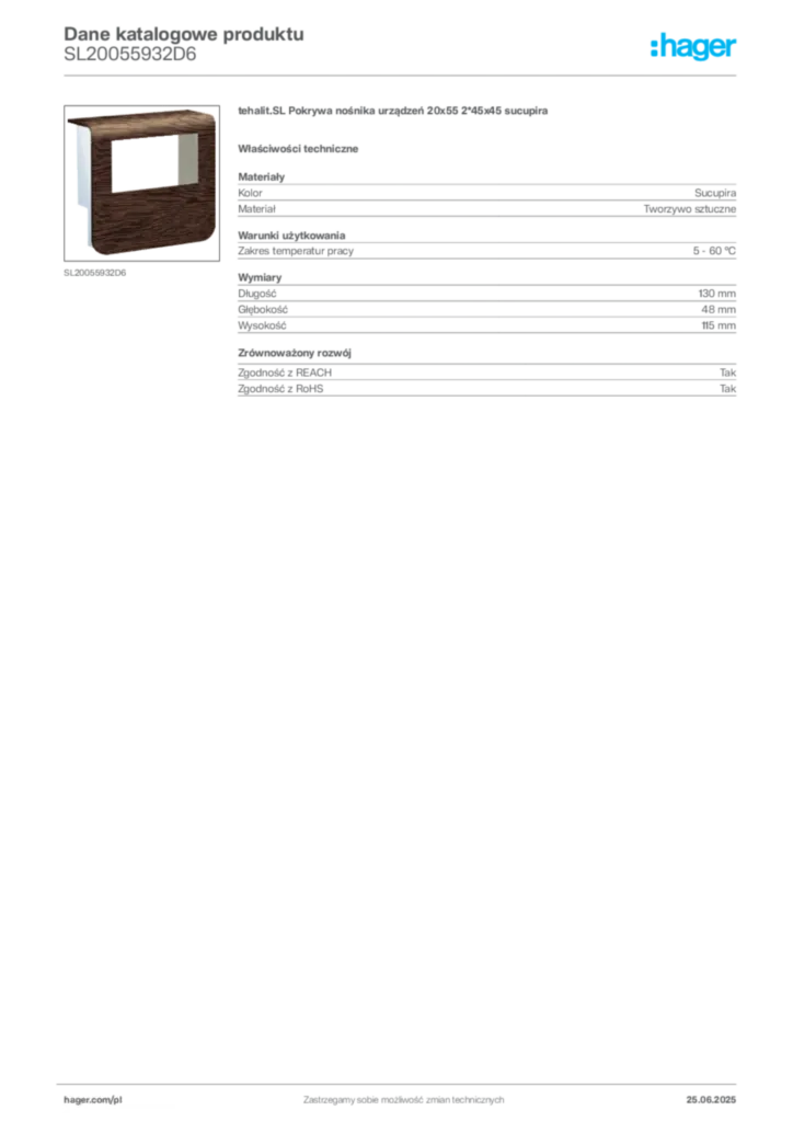Zdjęcie Hager Karta katalogowa SL20055932D6 | Hager Polska