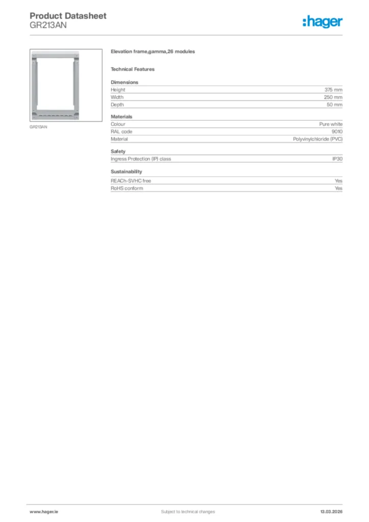 Image Hager Product data sheet GR213AN  | Hager