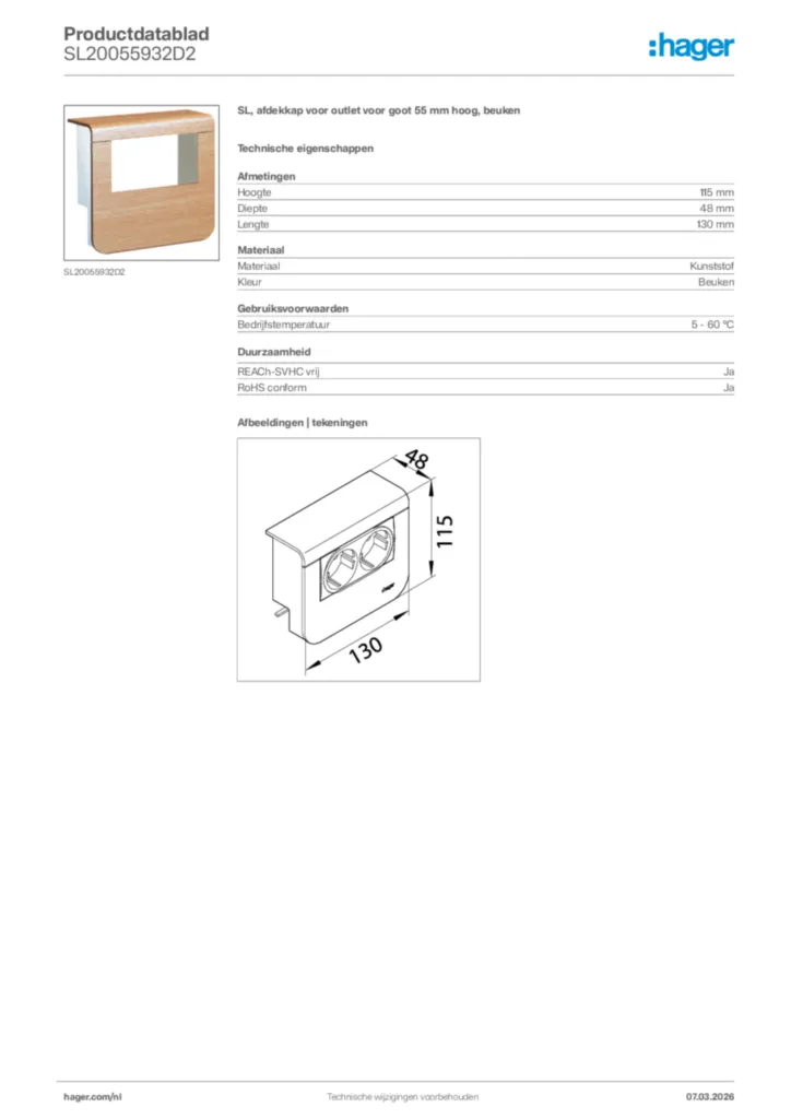 Afbeelding Hager Productdatablad SL20055932D2 | Hager Nederland