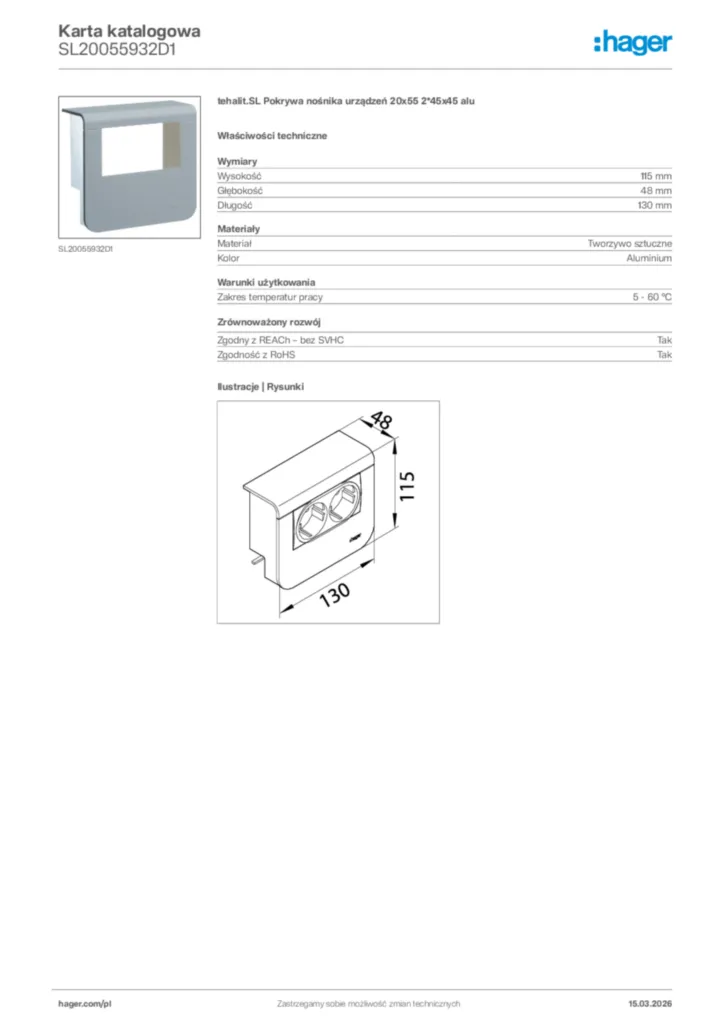 Zdjęcie Hager Karta katalogowa SL20055932D1 | Hager Polska