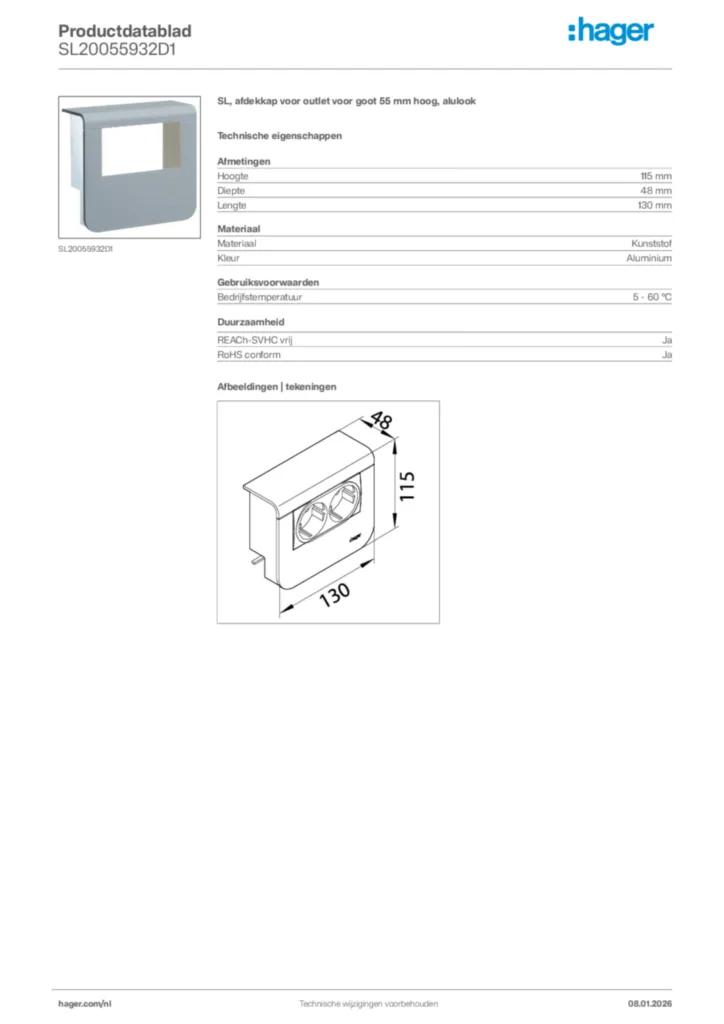 Afbeelding Hager Productdatablad SL20055932D1 | Hager Nederland