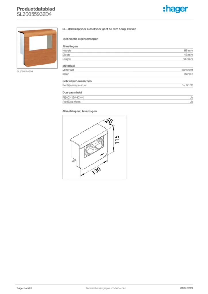 Afbeelding Hager Productdatablad SL20055932D4 | Hager Nederland