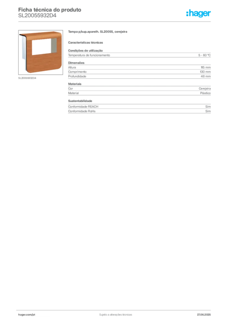 Imagem Hager Ficha técnica do produto SL20055932D4 | Hager Portugal