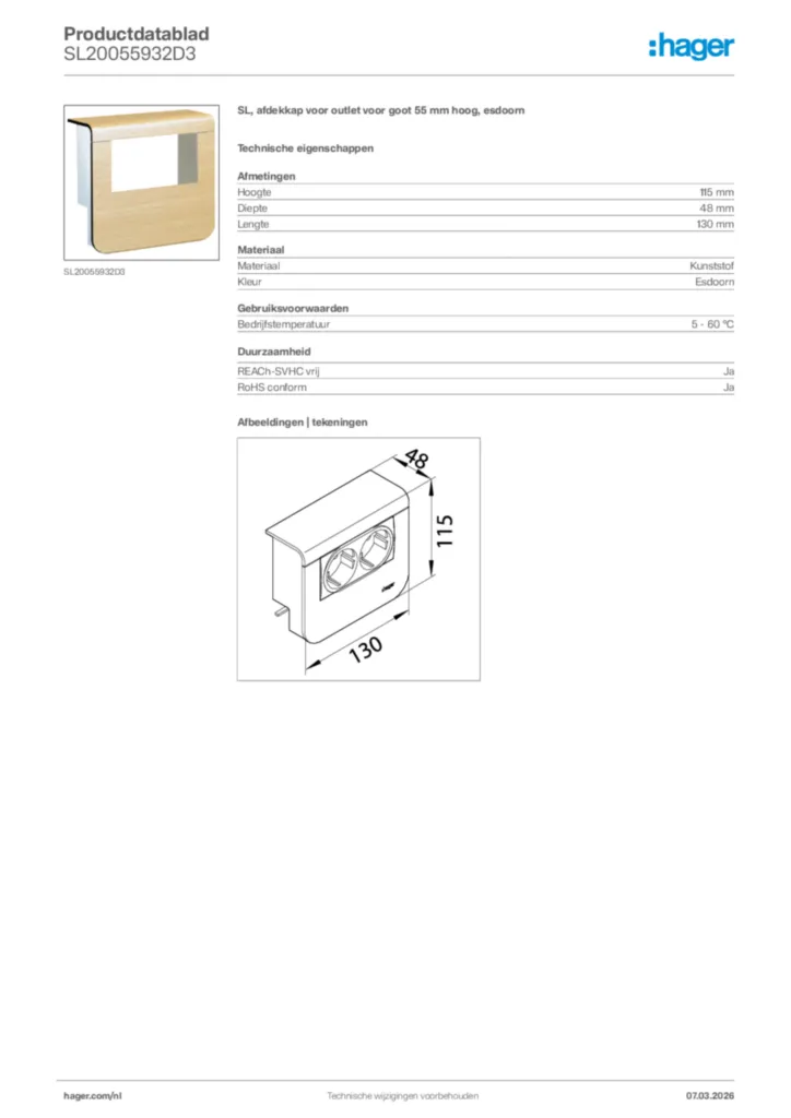 Afbeelding Hager Productdatablad SL20055932D3 | Hager Nederland