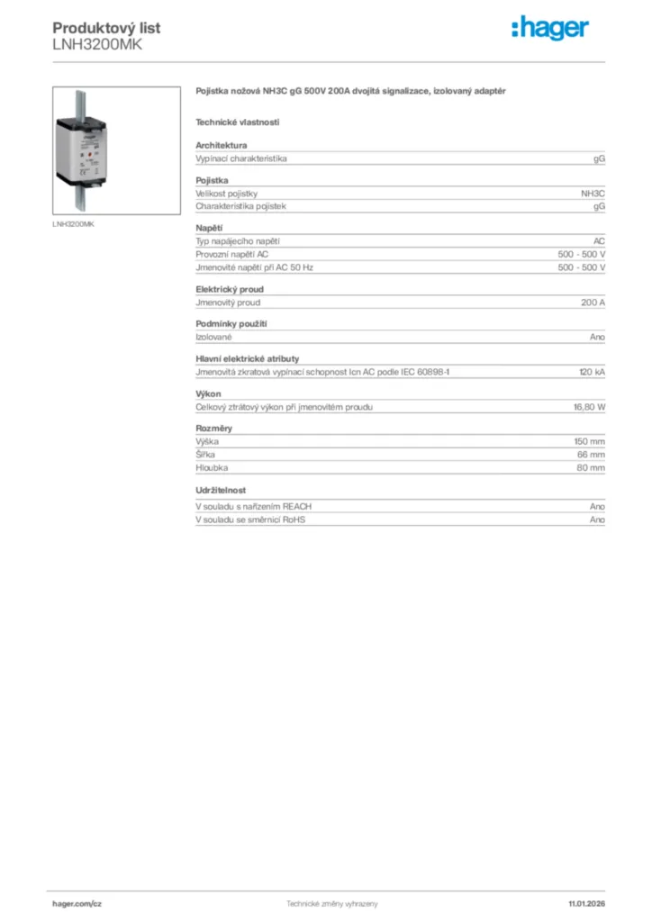 Obrázek Hager Product data sheet LNH3200MK | Hager