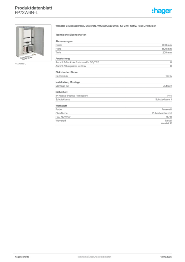 Bild Hager Produktdatenblatt FP73W6N-L | Hager Deutschland