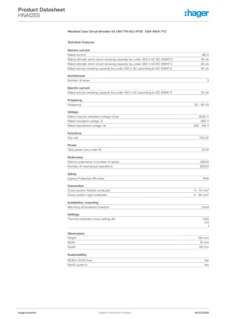 Image Hager Product data sheet HNA125S  | Hager