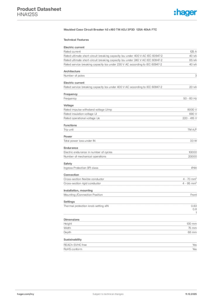 Image Hager Product data sheet HNA125S  | Hager