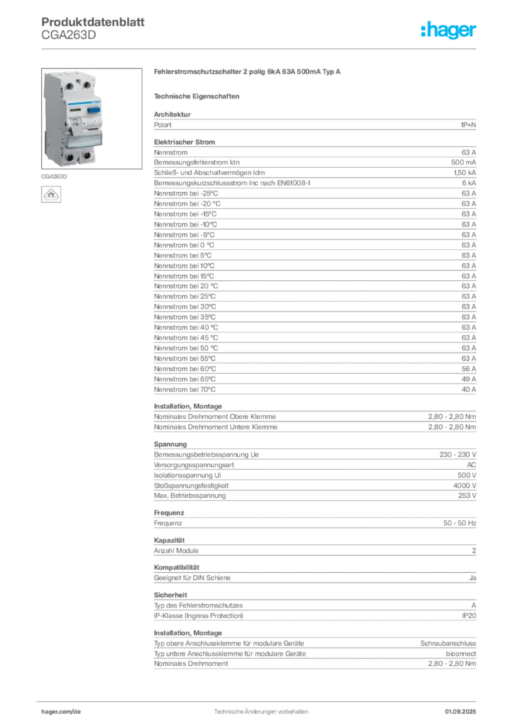 Hager Produktdatenblatt CGA263D