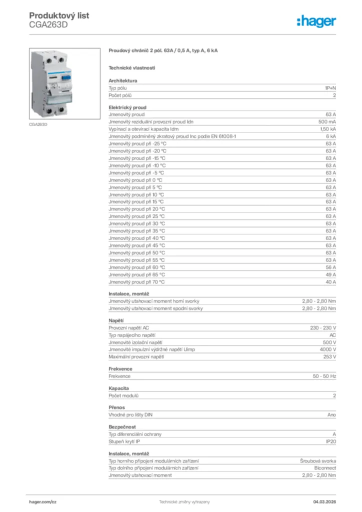 Obrázek Hager Product data sheet CGA263D | Hager