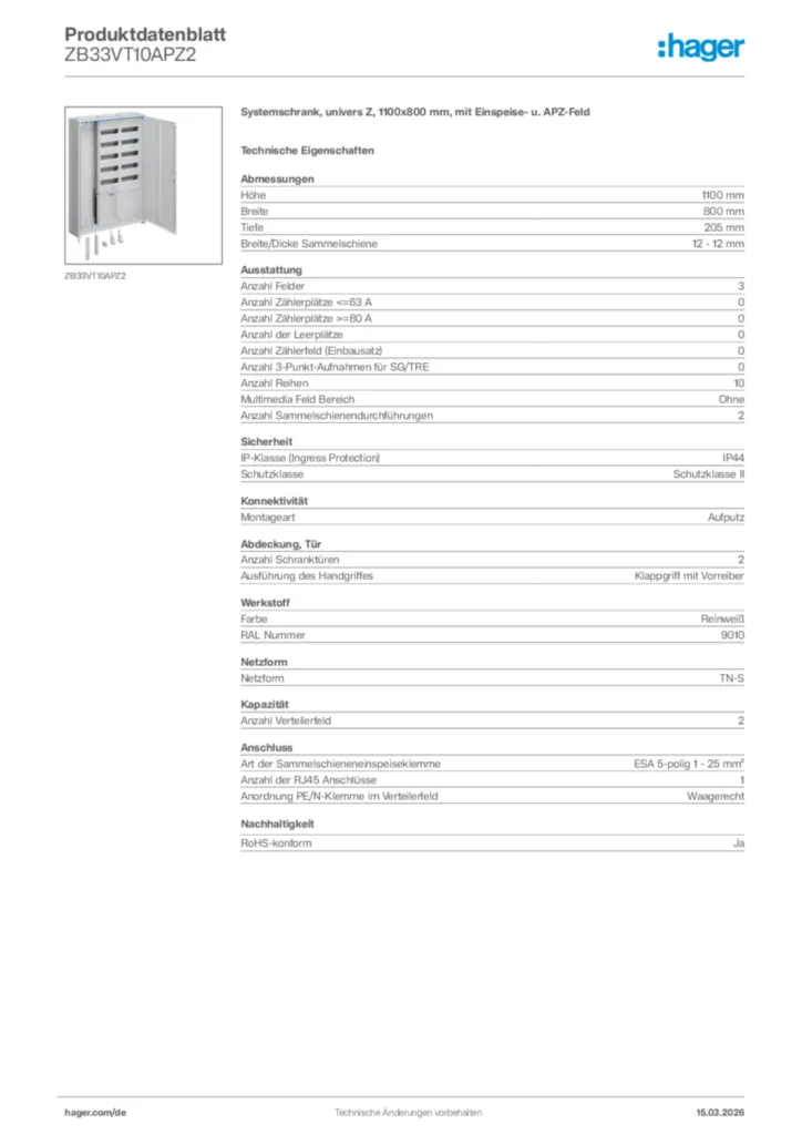 Bild Hager Produktdatenblatt ZB33VT10APZ2 | Hager Deutschland