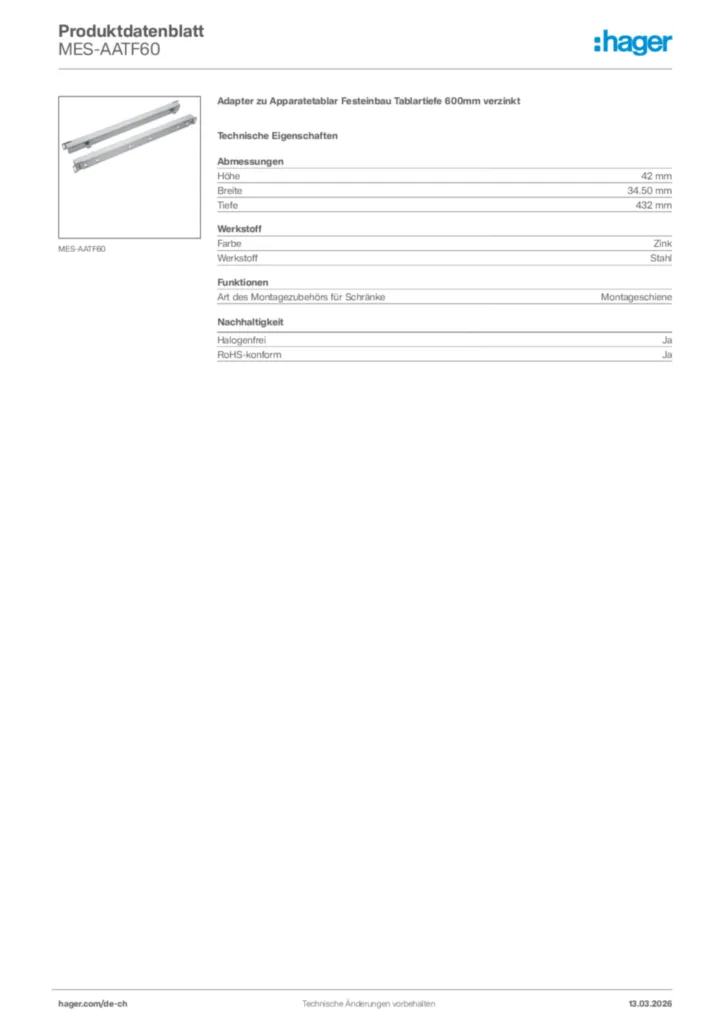 Bild Hager Produktdatenblatt MES-AATF60 | Hager Schweiz